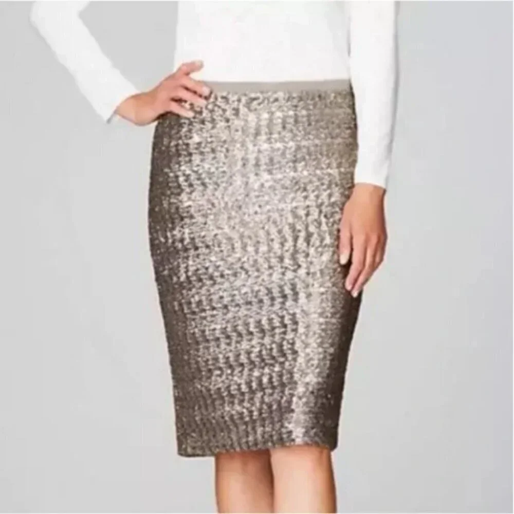 J.JILL Silver Sequin Pencil Skirt Grey Pull On Elastic Waist Holiday Christmas